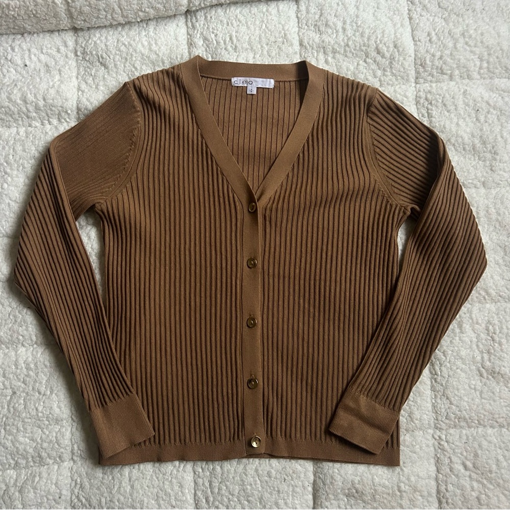 CLEO Brown / Tan Ribbed Cardigan Sweater V-Neck with Buttons